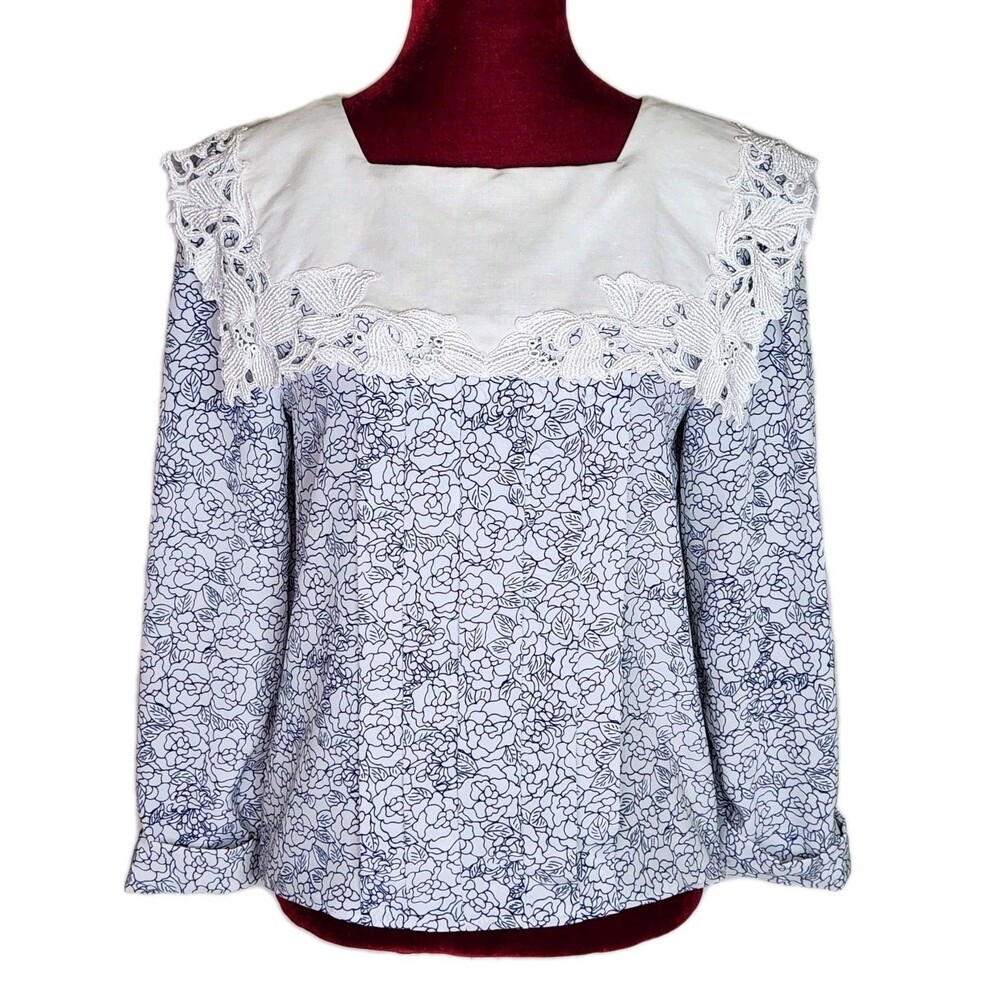 Vintage 80s Nancy Johnson Pintuck Floral Lace Bib Blouse Women's 10 Cottagecore